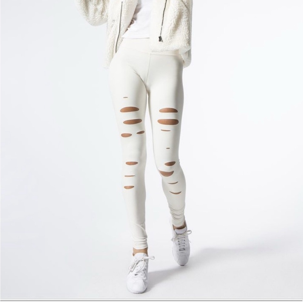 ALO Yoga High Rise Ripped Warrior Cream Ivory Leggings XS